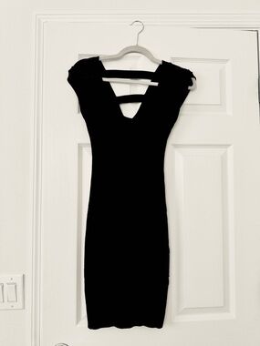 Bebe Classic Black Women's Bodycon Dress with Straps V-Neck